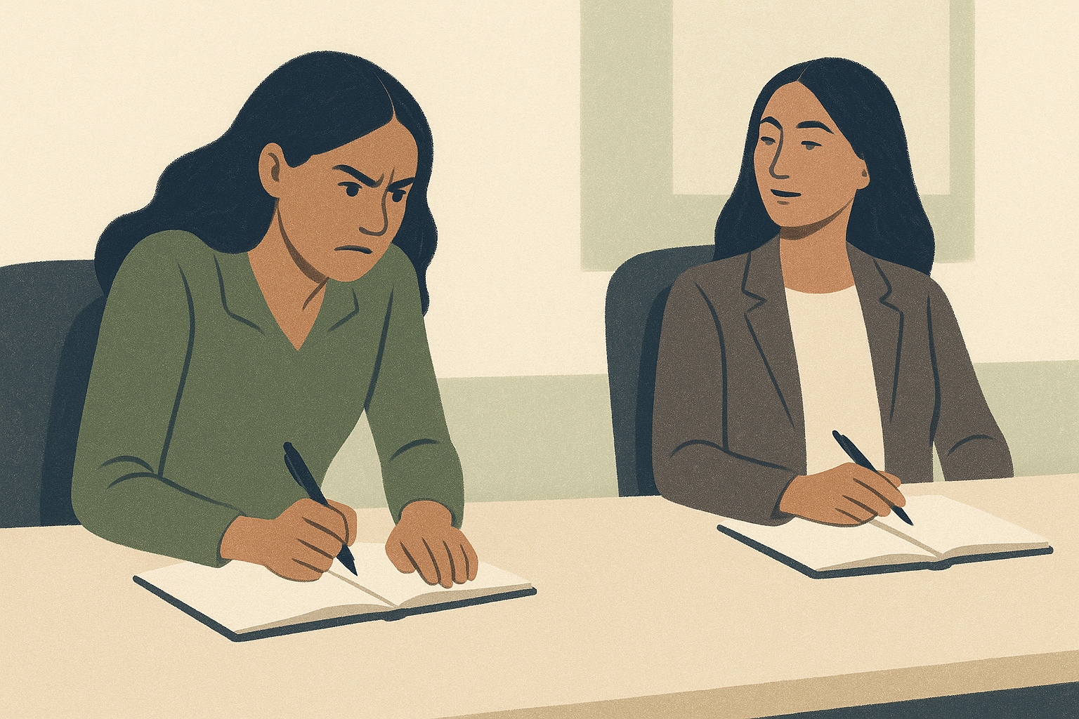 Two women at conference table — one tense gripping pen, one relaxed
