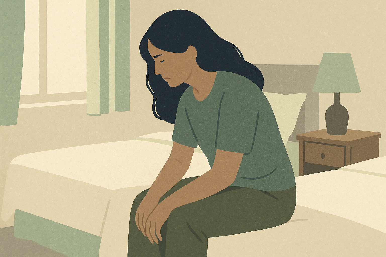 Woman sitting on edge of bed in morning light, shoulders slumped, the weight already there