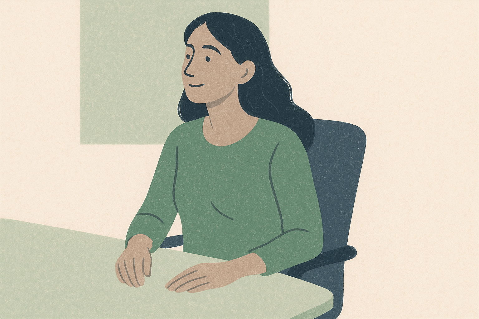 Woman sitting in meeting, relaxed and present, actually listening