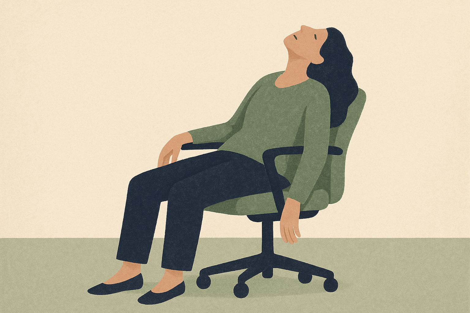 Woman slumped back in office chair, head tilted back, completely depleted