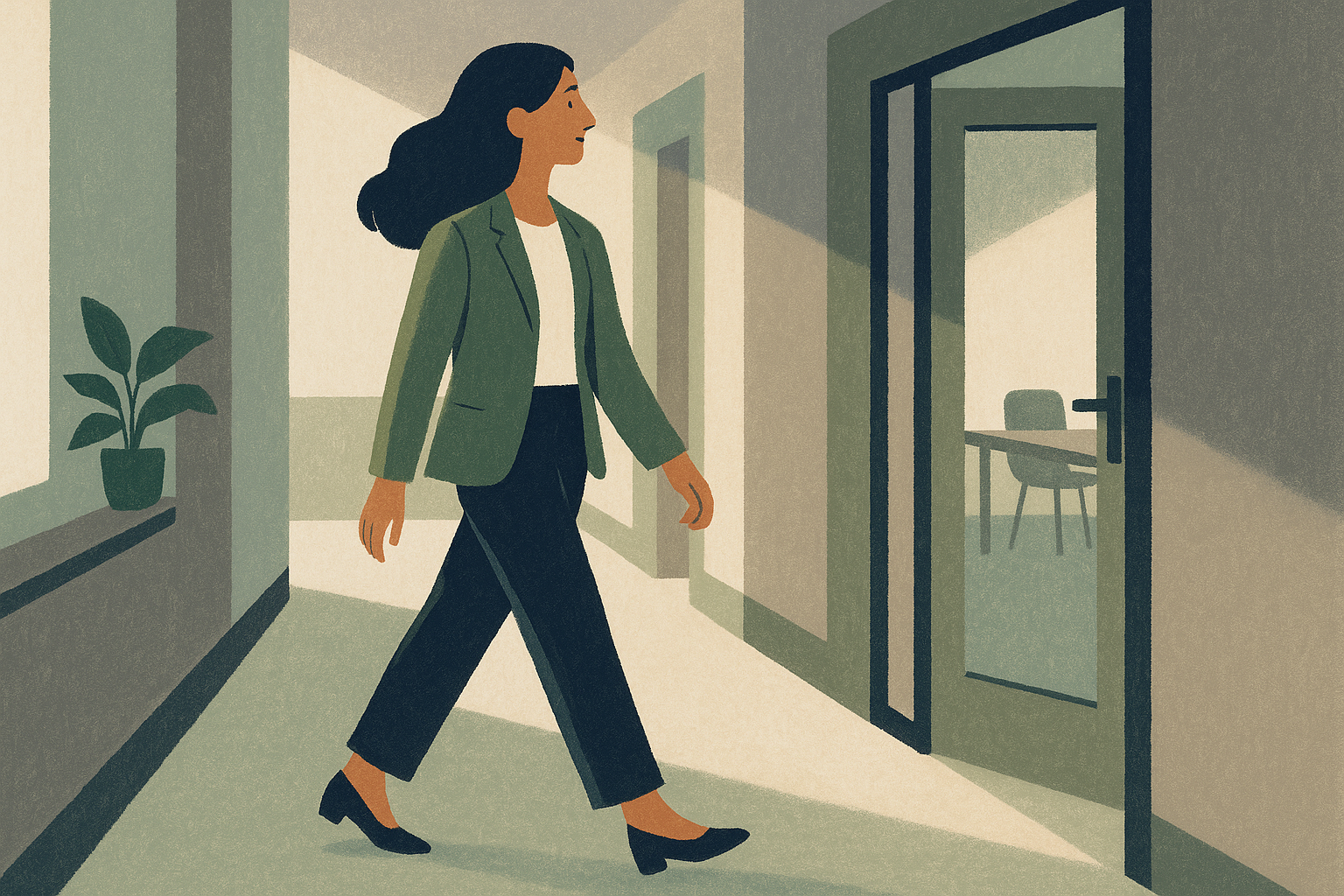 Woman walking down office hallway, relaxed posture, ready for the day