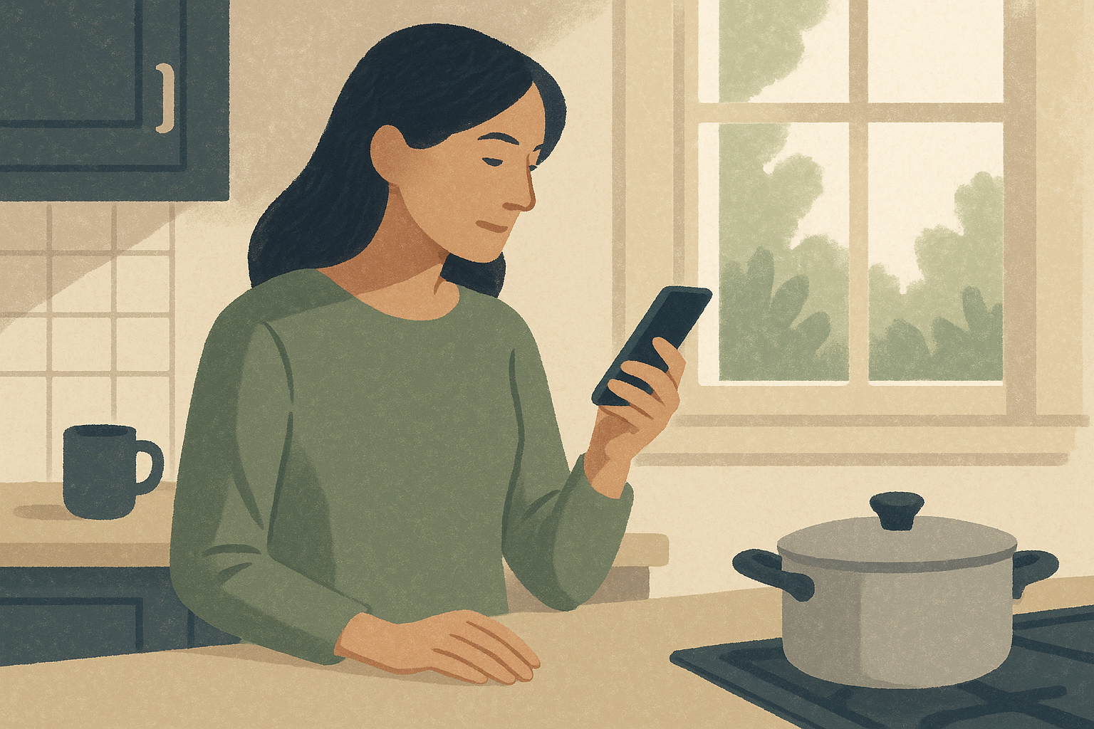 Woman in kitchen reading email on phone, calm and unbothered