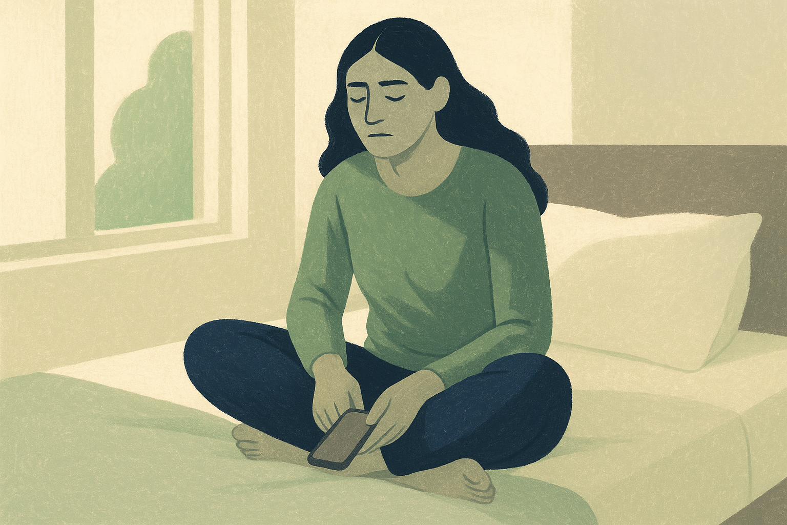 Woman sitting cross-legged on bed, phone in hand, eyes closed, doing meditation