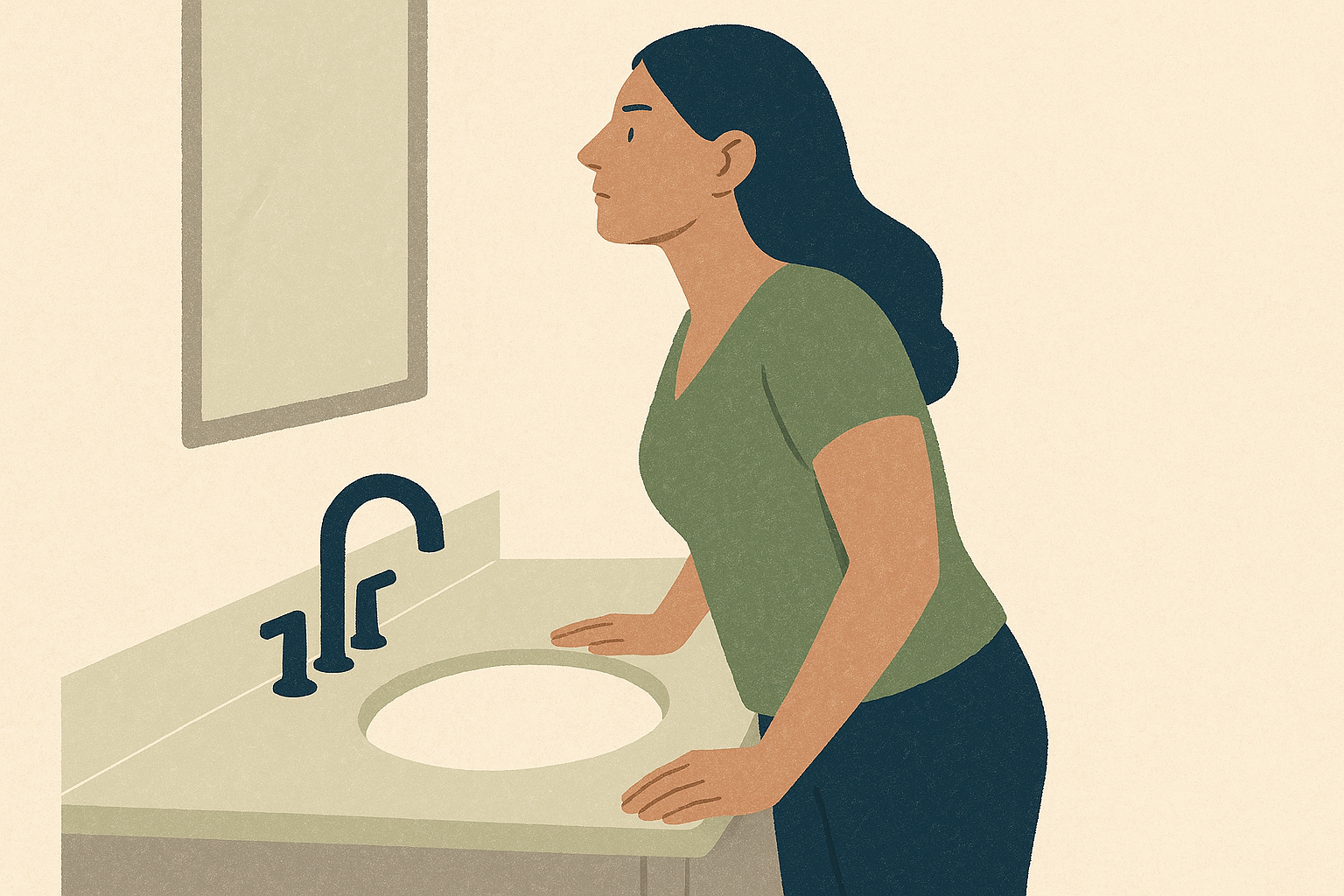 Woman standing at bathroom sink, hands gripping counter, doing deep breathing technique