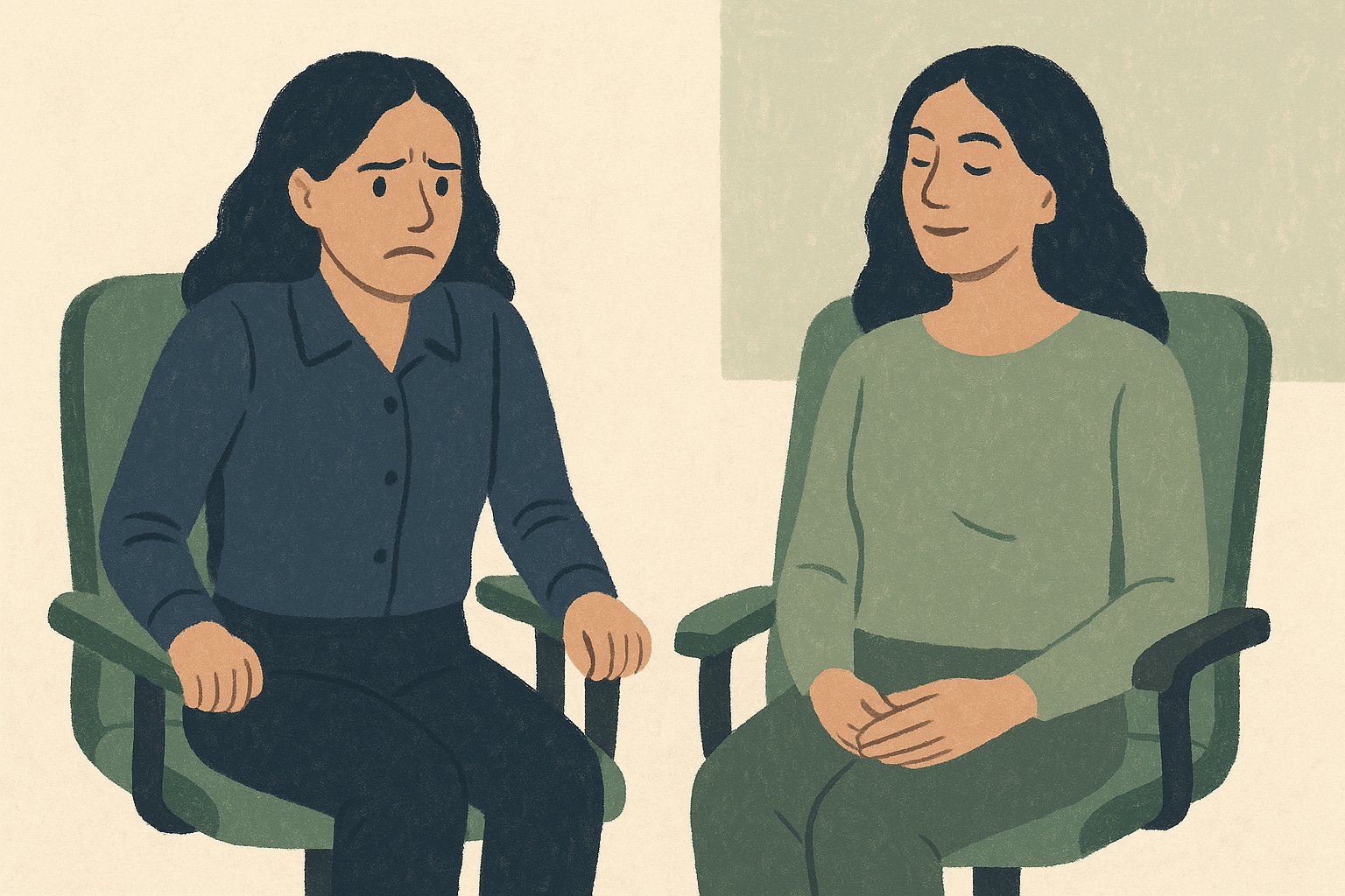 Two women in meeting — one tense gripping armrests, one relaxed with shoulders dropped