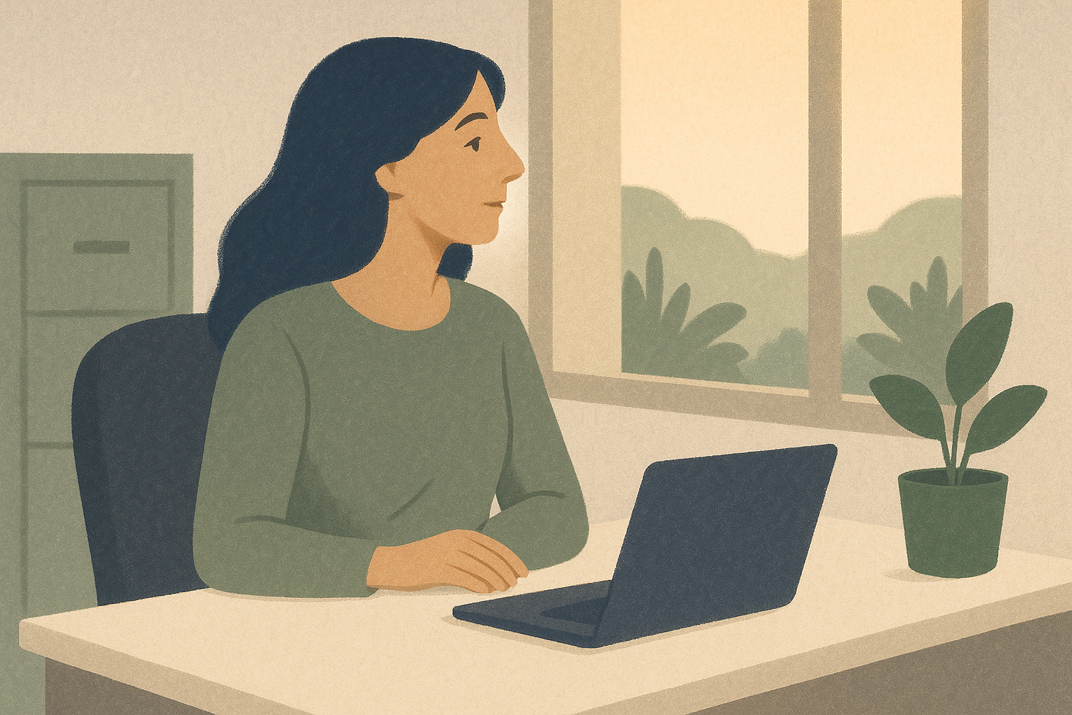 Woman at desk end of day, looking out window with quiet relief
