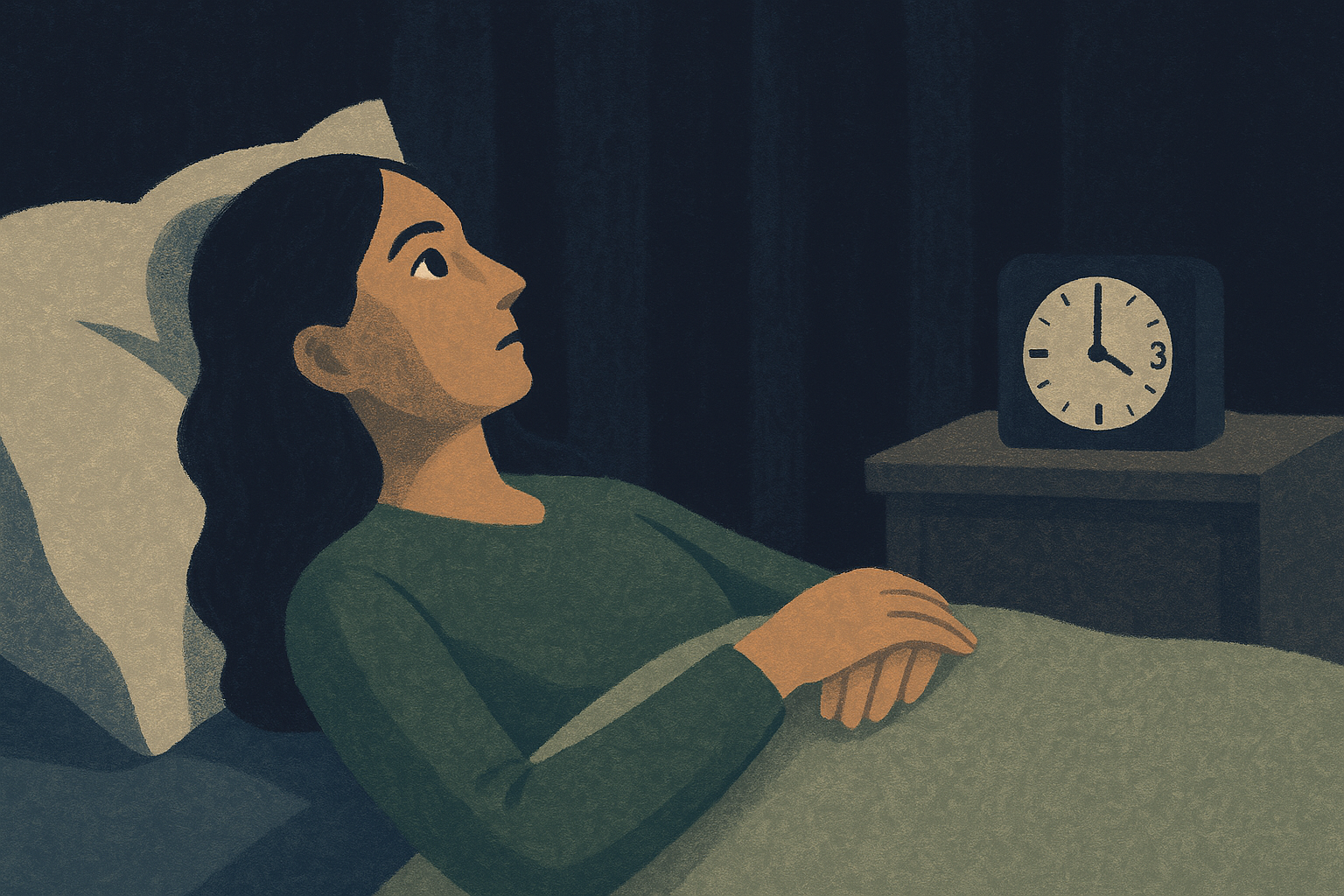 Woman lying in bed at 3am, eyes open, staring at ceiling, can't turn it off
