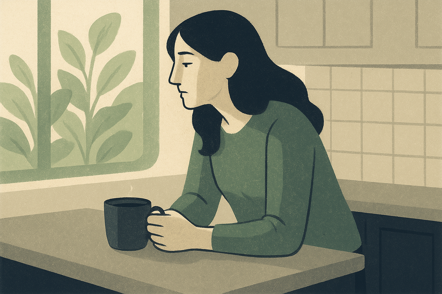 Woman standing at kitchen counter with coffee, looking out window, quietly worn