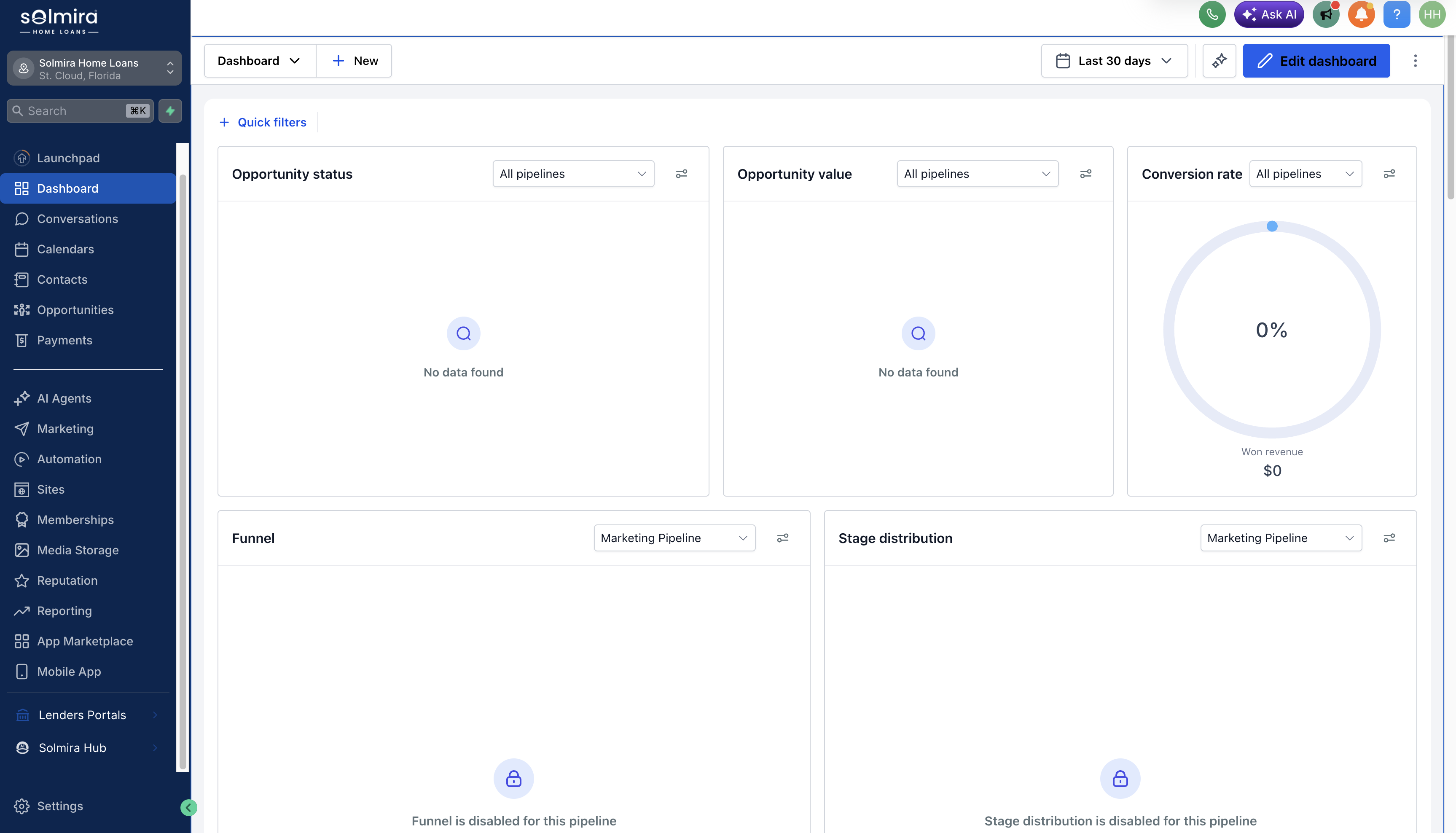 Solmira CRM — pipeline dashboard