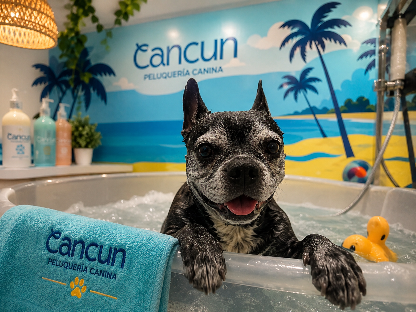 Perro disfrutando de ozonoterapia durante el baño en CAN-CUN