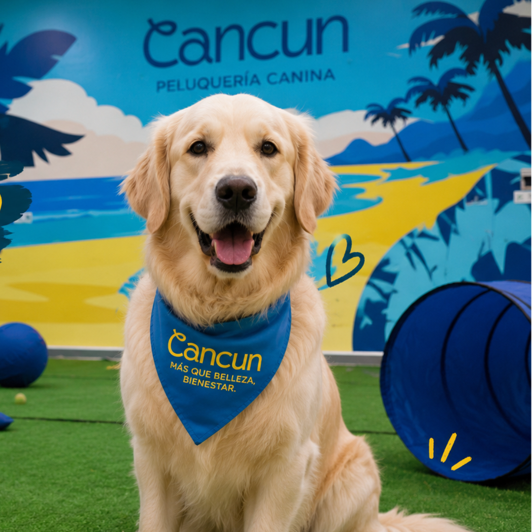 Golden retriever feliz con pañuelo CAN-CUN en la zona tropical de juegos