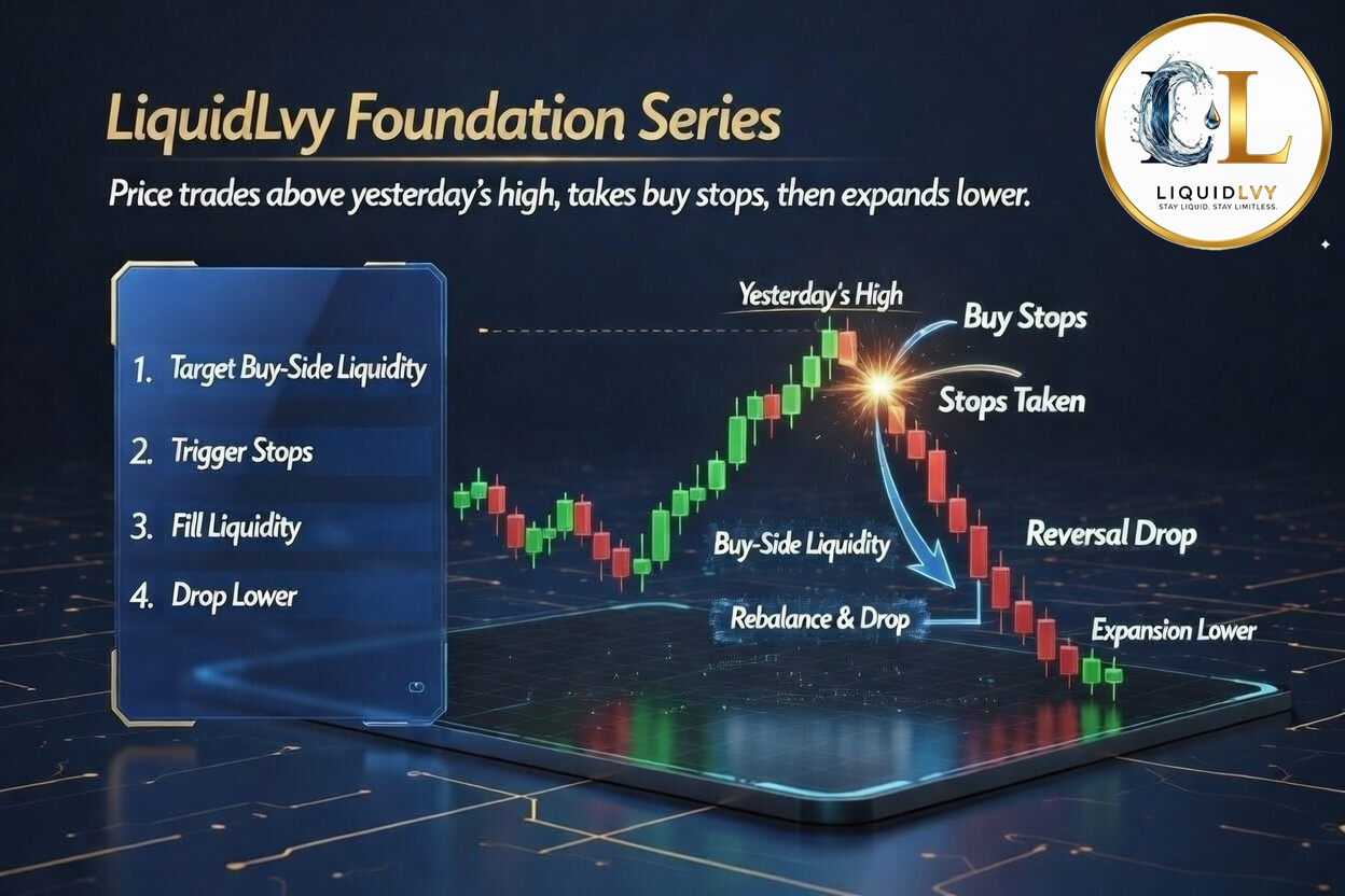 LiquidLvy futures trading chart showing price trading above yesterday’s high, triggering buy stops, then reversing lower in a liquidity sweep