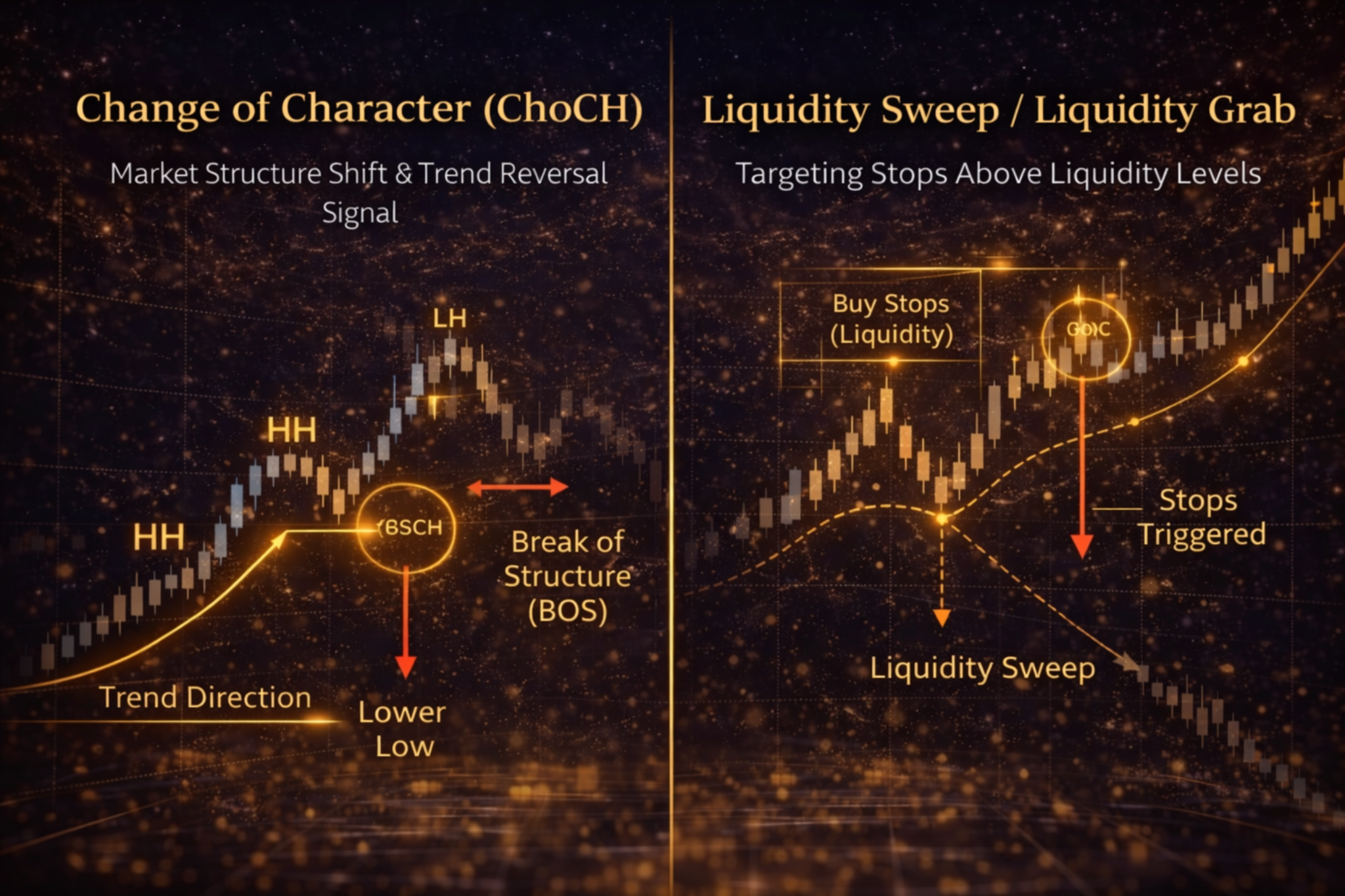 Trading diagram showing Change of Character (ChoCH) and Liquidity Sweep where price targets buy stops above liquidity before reversing direction.