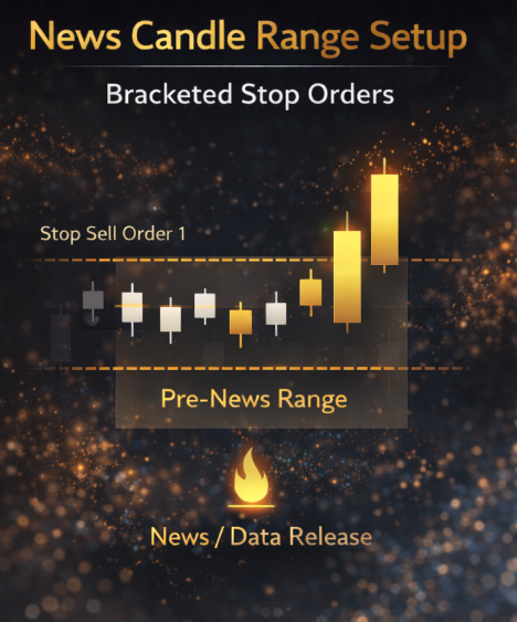 LiquidLvy trading diagram showing a pre-news price consolidation range with bracketed stop orders placed above and below the range before an economic data release.
