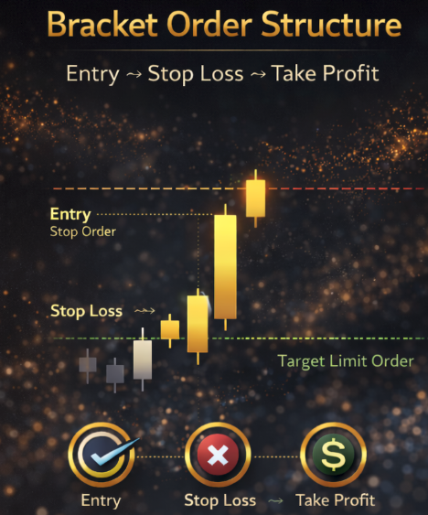 LiquidLvy trading diagram illustrating bracket order structure including entry stop order, stop loss level, and take profit target after a breakout move.