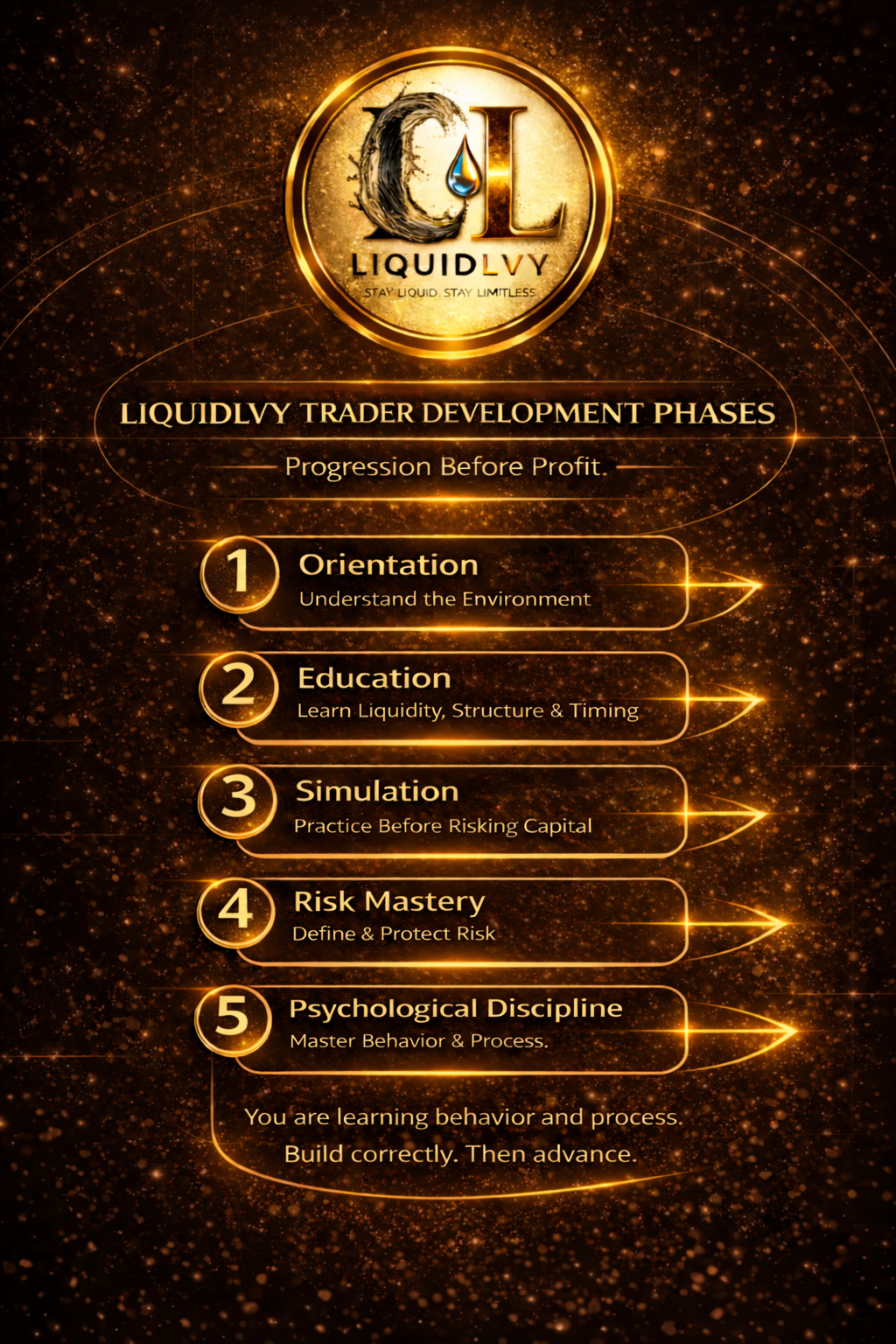 LiquidLvy trader development phases showing the five stages of trading progression: orientation, education, simulation, risk mastery, and psychological discipline.