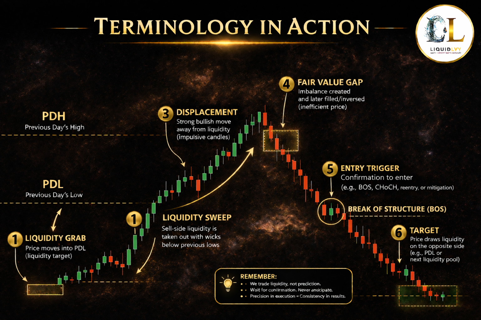 Annotated futures trading chart showing PDH, PDL, buy-side liquidity, liquidity sweep, market structure shift, displacement, and imbalance (fair value gap) in intraday price action.