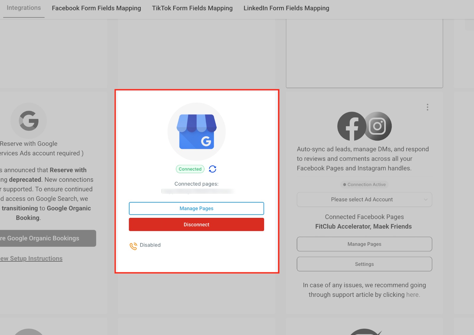 يعرض قسم "الصفحات المتصلة (Connected Pages)" اسم النشاط التجاري المحدد المرتبط. يمكنك استخدام "إدارة الصفحات (Manage Pages)" لتحديث المواقع، و"قطع الاتصال (Disconnect)" لإزالة التكامل، والتحقق مما إذا كان تتبع المكالمات (Call Tracking) ممكّنًا أو معطلاً في الأسفل.
