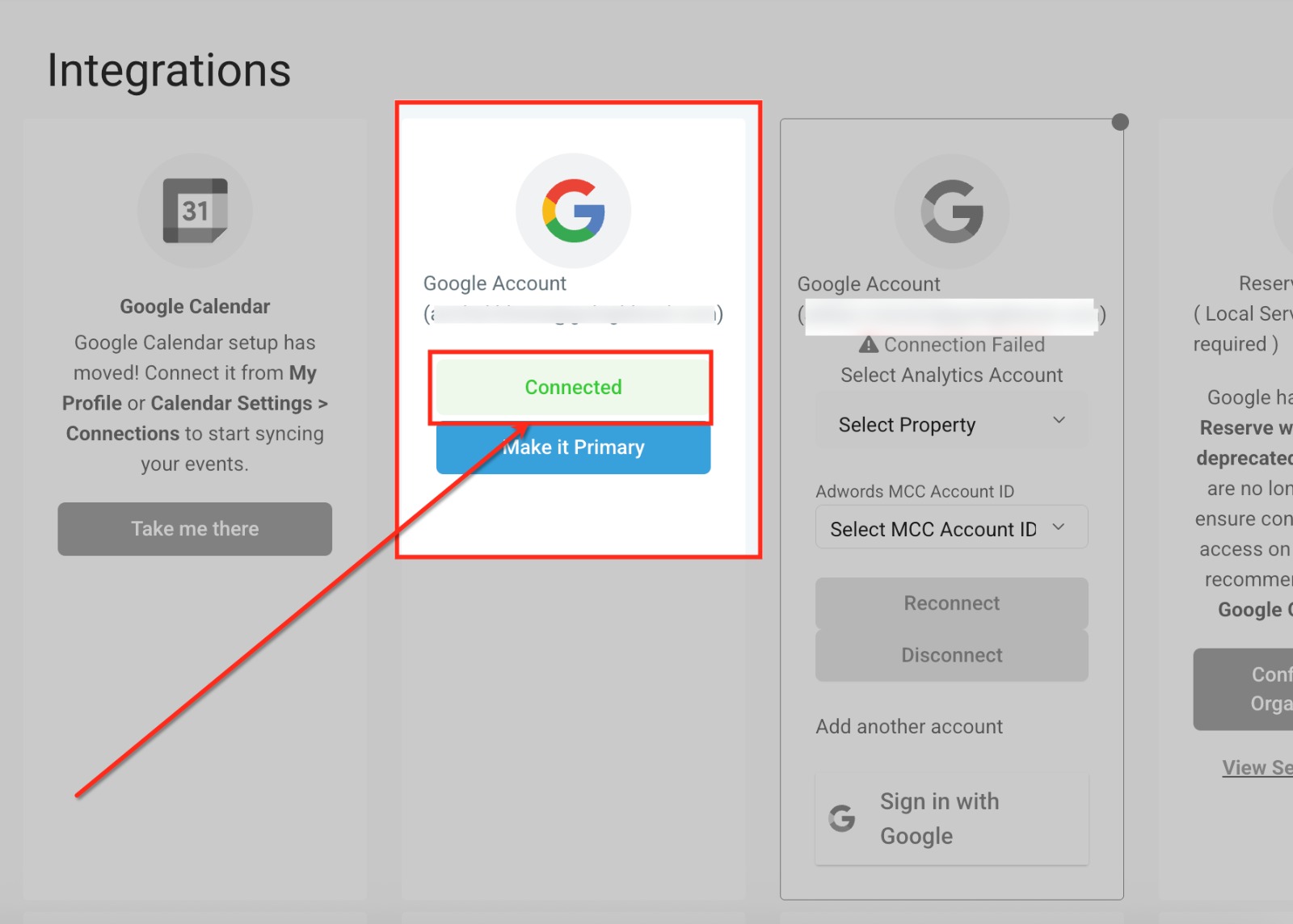 سيعرض الحساب حالة "متصل (Connected)"، مما يؤكد أن التكامل نشط. تأكد من تسجيل الدخول باستخدام حساب جوجل الذي يمتلك صلاحيات "المالك (Owner)" أو "المدير (Manager)" للموقع (المواقع) الخاص بملف نشاطك التجاري على جوجل