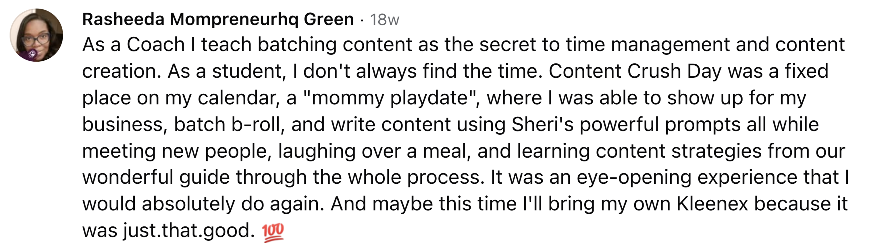 Testimonial from Samantha DeLoache about Content Crush Day