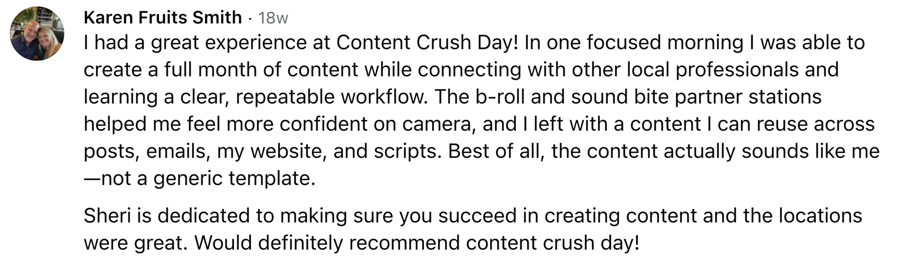 Testimonial from Rasheeda Mompreneurhq Green about Content Crush Day