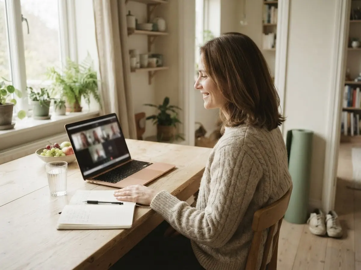 A woman at her kitchen table at home on a video call, with an open notebook and a glass of water beside her