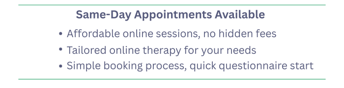 Therapursuit Service Benefits list: Same-Day Psychology Appointments Available, Affordable online sessions with no hidden fees, and Tailored online therapy with a simple booking process.