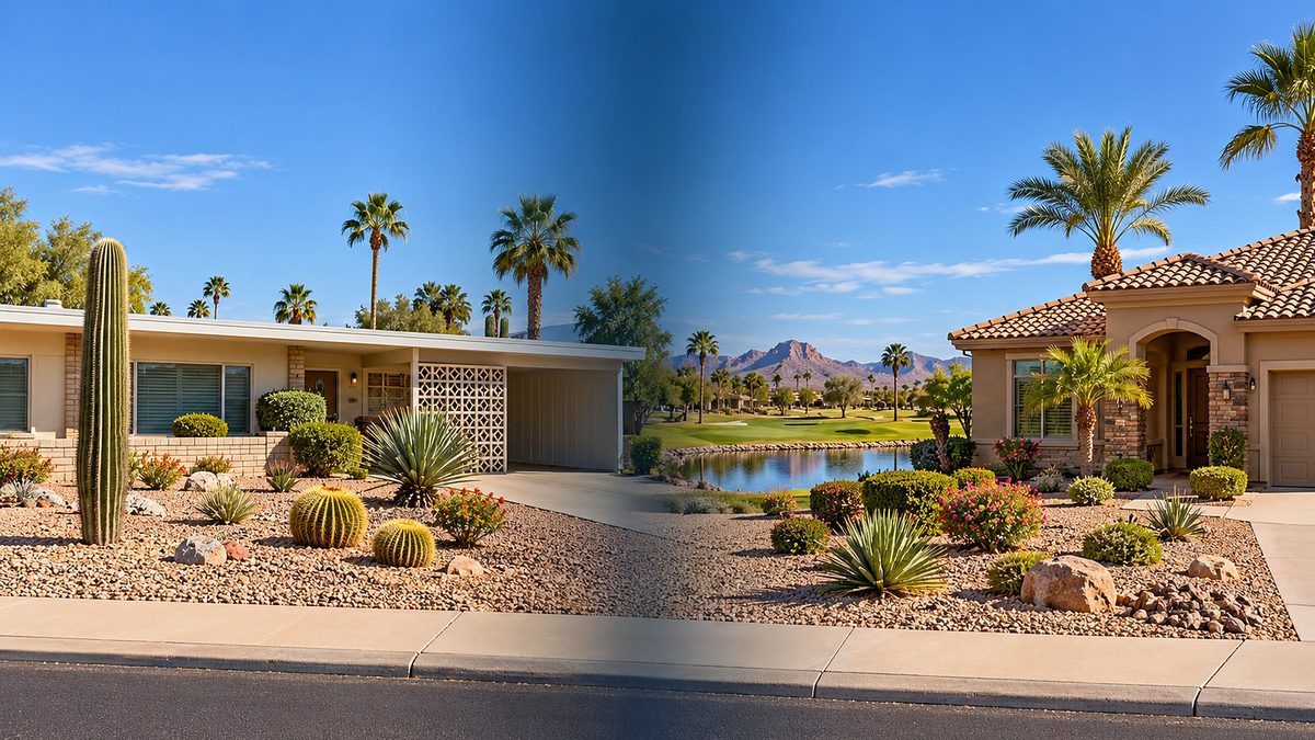 Desert-landscaped single-story homes under a blue sky