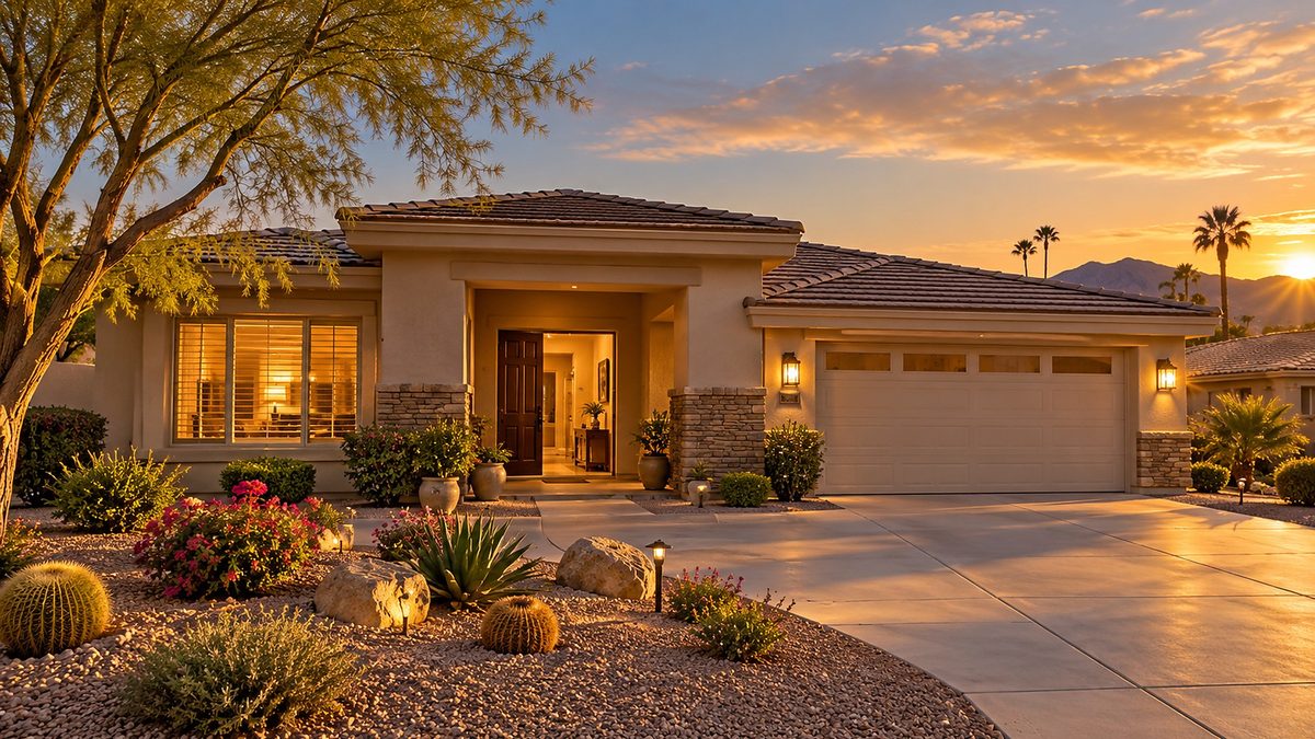 Single-story desert home at dusk