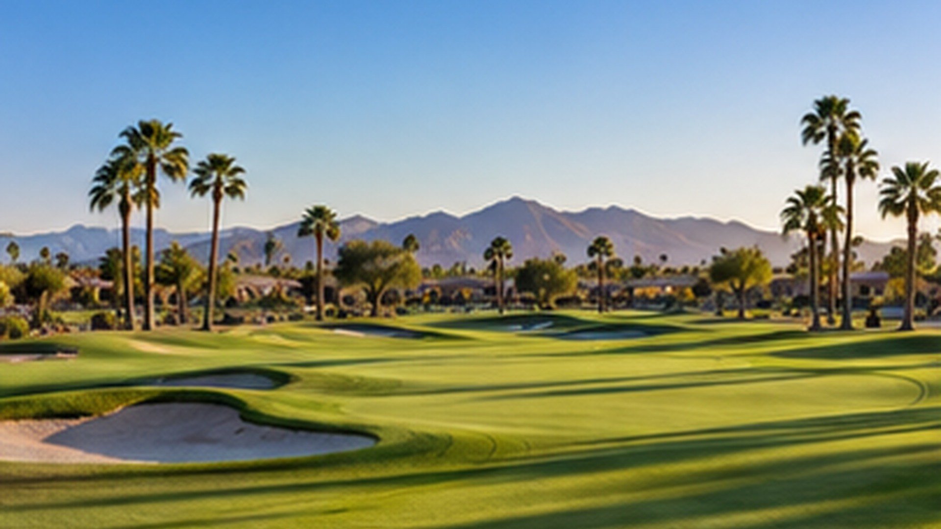Sunny golf course lined with palm trees