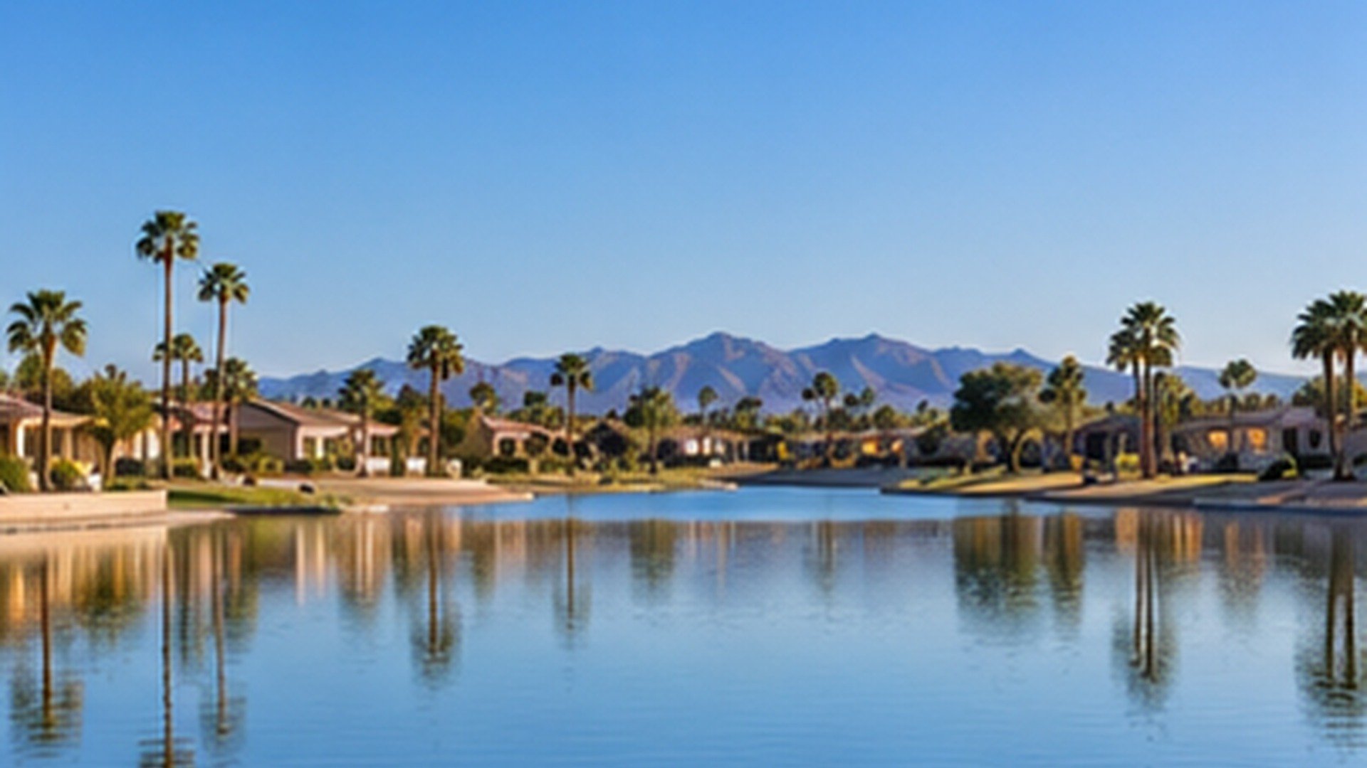 Palm-lined lake under a sunny Arizona sky