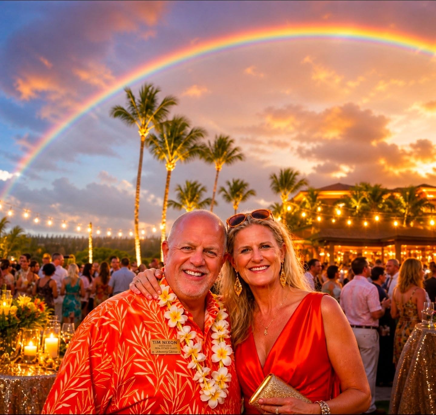 Amy and Tim Nixon dressed in orange at a Sun City sunset party, with palm trees and a rainbow behind them