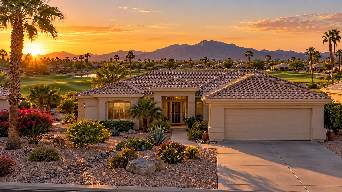 Single-level desert home with a tile roof at sunset