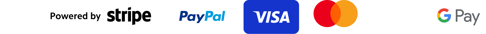 Powered by Stripe, PayPal, Visa, Mastercard, Apple Pay, Google Pay