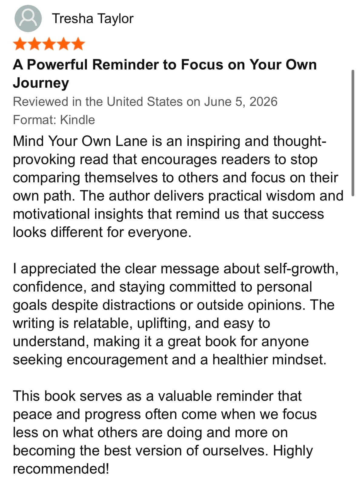 Reader review for Mind Your Own Lane