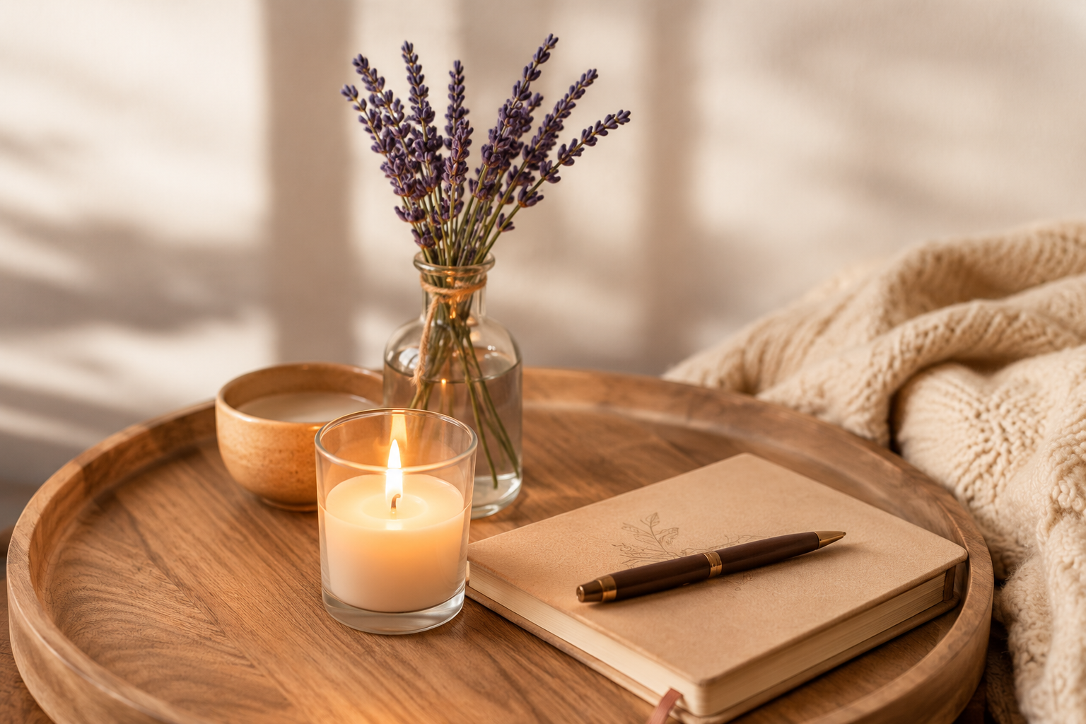Calming candle, lavender, and journal scene
