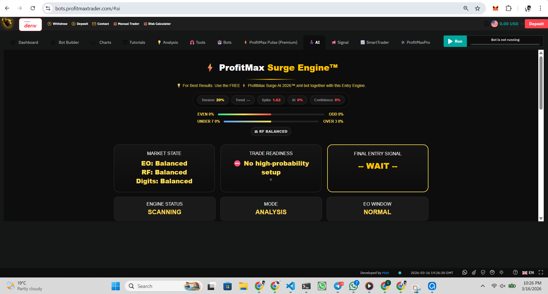 ProfitMax Surge Engine AI dashboard analyzing Deriv synthetic indices with digit statistics, Even/Odd signals, Over/Under strategy analysis and trading entry indicators ProfitMax Surge Engine AI dashboard analyzing Deriv synthetic indices with digit statistics, Even/Odd signals, Over/Under strategy analysis and trading entry indicators