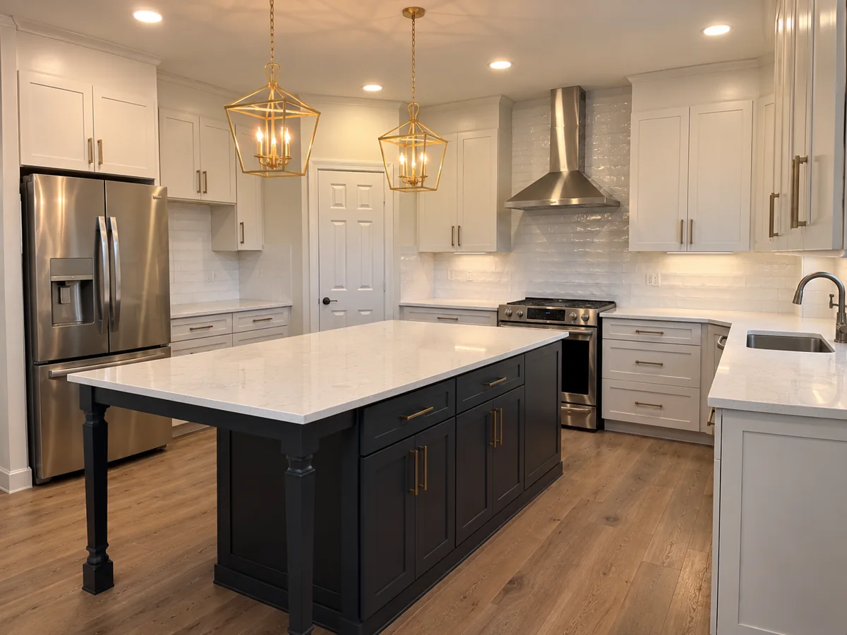 Completed Revamp kitchen with white cabinets, a dark island and pendant lights