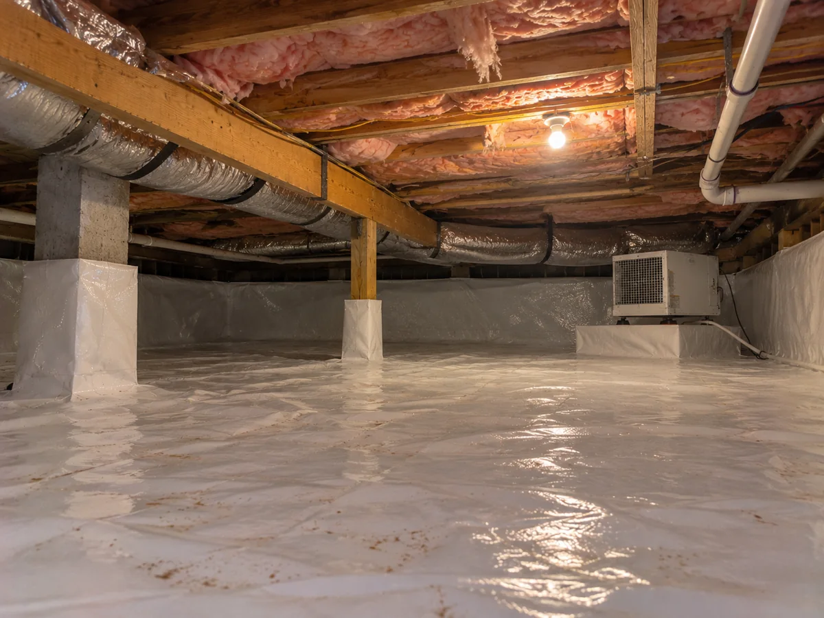 White liner and humidity-control equipment from Revamp’s Indian Trail homeowner crawl-space project