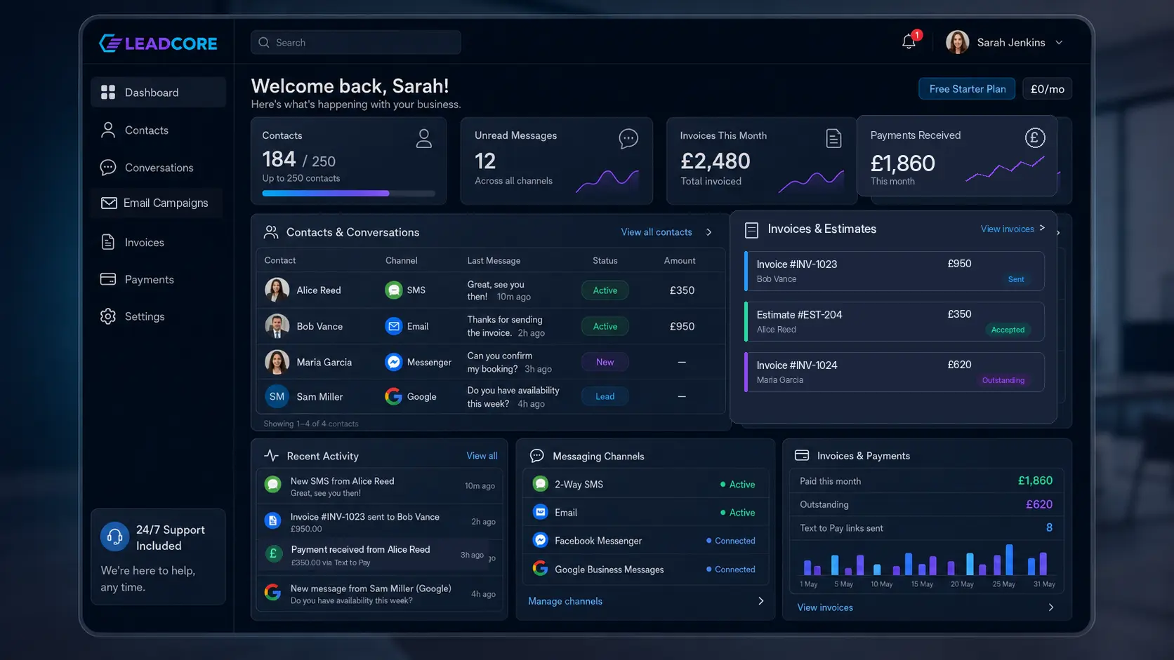 Free Starter dashboard - CRM, automation, pipelines and booking calendar interface