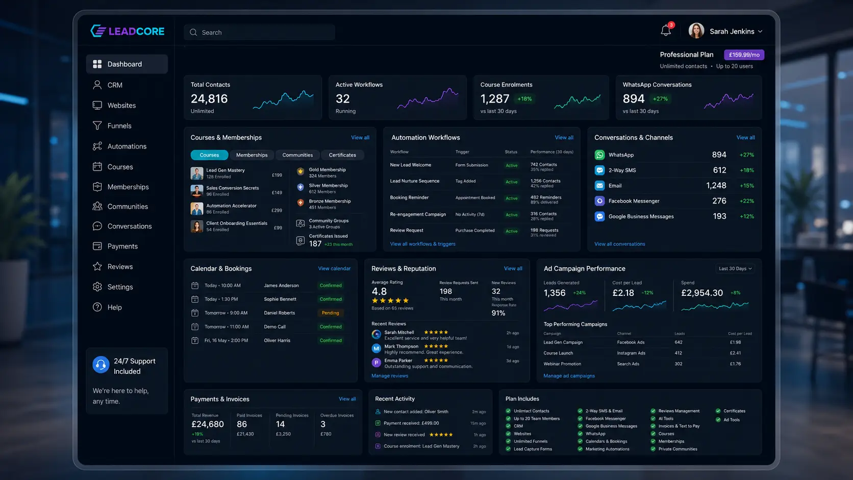 Professional Plan dashboard - CRM, automation, pipelines and booking calendar interface