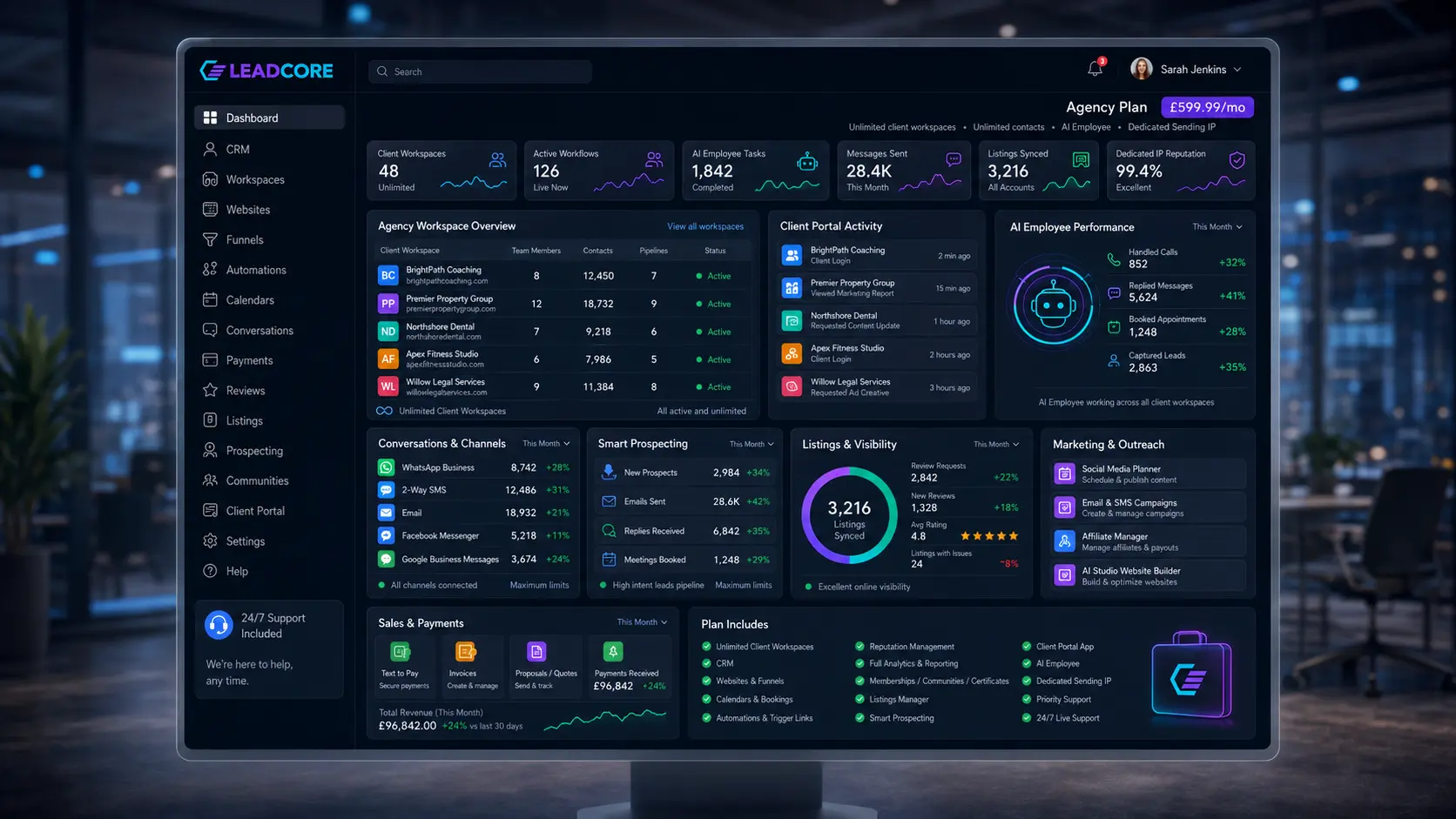 Agency Plan dashboard - CRM, automation, pipelines and booking calendar interface