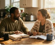 Couple sitting at a table with coffee and a journal, part of the 6-Week Covenant Reset program