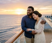 Couple embracing on a cruise ship deck at sunset during a Marriage Cruise