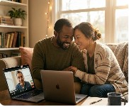 Couple smiling during a video coaching call for Covenant Coaching