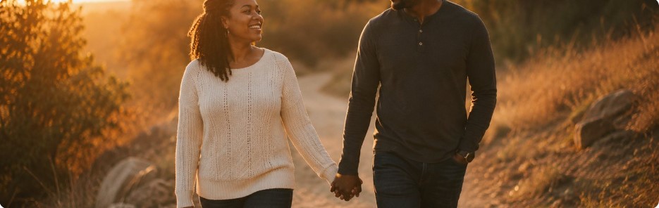 Smiling couple holding hands and walking outdoors at sunset