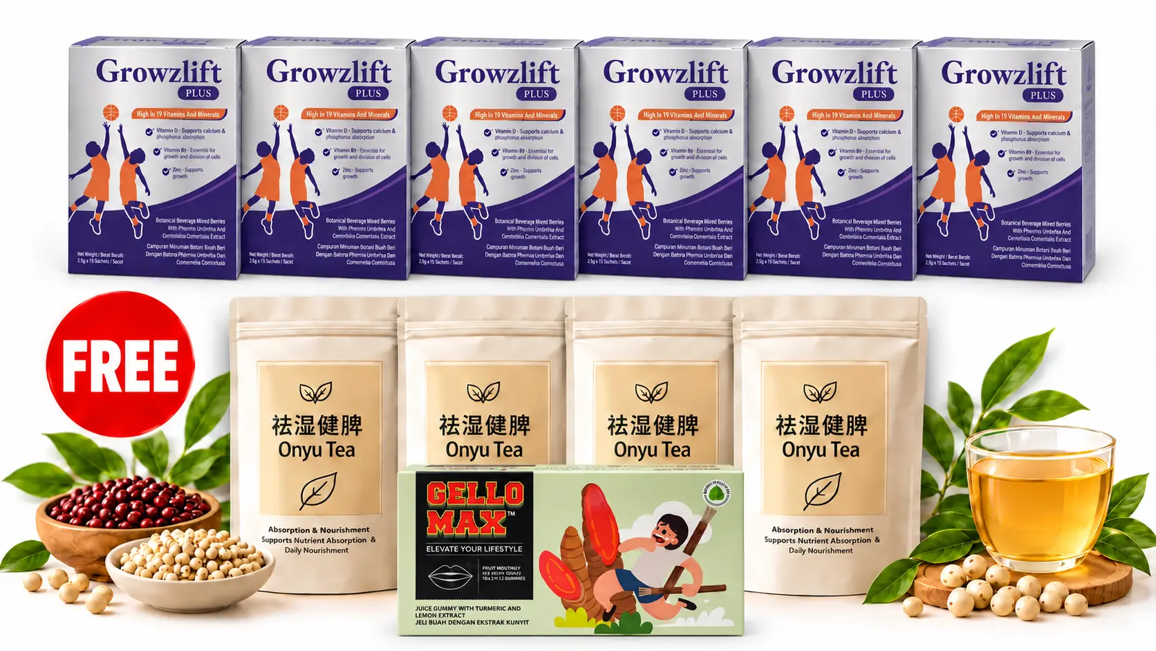 GrowzLift 90-day package: 6 boxes of GrowzLift Plus, 4 packs of Onyu herbal tea and 1 blister pack of Gellomax