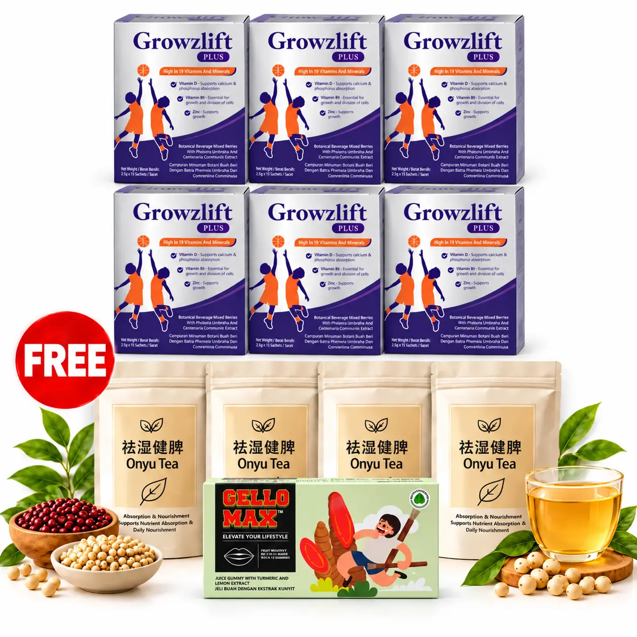 GrowzLift 90-day package: 6 boxes of GrowzLiftPlus, 4 packs of Onyu herbal tea and 1 blister pack of Gellomax