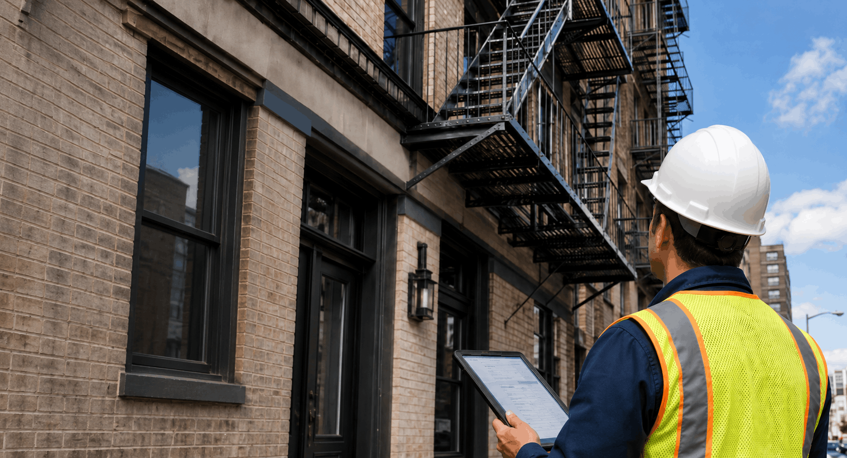 Technician inspecting fire escape