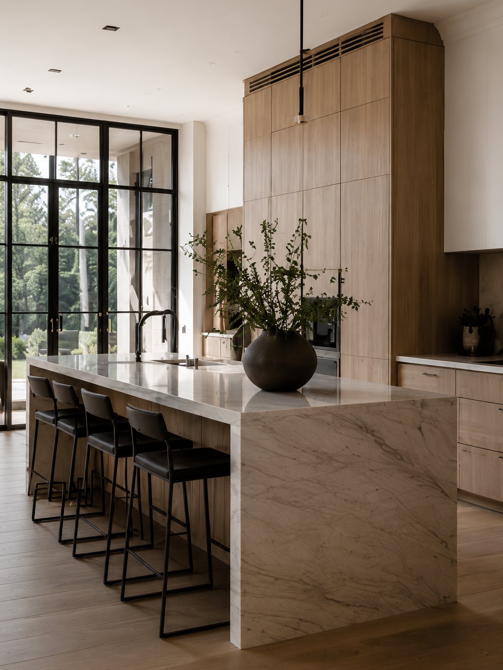 Luxury kitchen with marble island and white oak cabinetry
